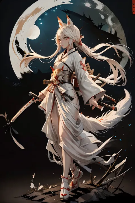 Nocturnal ghosts。Japanese sword。(Highest quality:1.3)。One Woman。Beautiful woman。long white straight hair。White fox ears。White fox tail。Samurai attire。Carry a large and small sword on your waist。Walking on unpaved roads。The background is a beautiful moonlit...