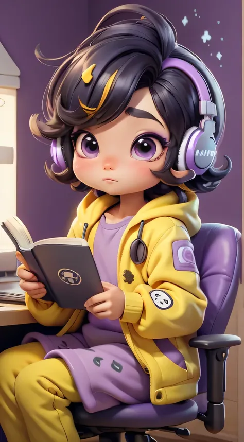 chibi androgynous person, mushroom patterned onesie, science books around, playing on computer, yellow white purple black colors, headphone, vivid purple-yellow-black hair