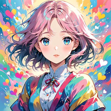 Makoto Shinkai Pink and White style, Simple Line Initialism,Abstract art,Urban Background, (((The most beautiful girl of all time))), Sweet face. Lips in love, colorful hearts, stylish design