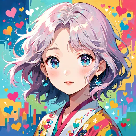 Hayao Miyazaki Pink and White style, Simple Line Initialism,Abstract art,Urban Background, (((The most beautiful girl of all time))), Sweet face. Lips in love, colorful hearts, stylish design