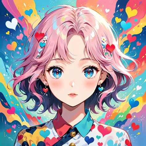 Hayao Miyazaki Pink and White style, Simple Line Initialism,Abstract art,Urban Background, (((The most beautiful girl of all time))), Sweet face. Lips in love, colorful hearts, stylish design