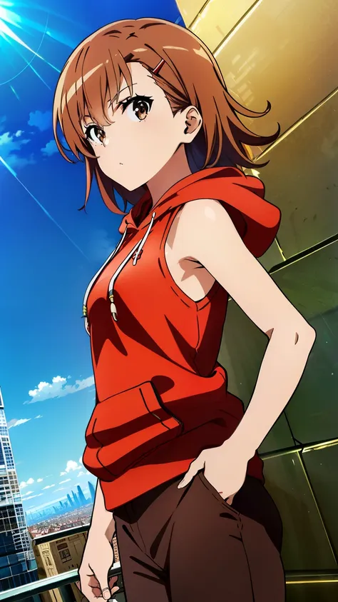 (masterpiece, best quality, 8k:1.2),Very detailed, (anime:1.1), misaka_mikoto, brown hair, medium hair, hairpin, medium breasts, 1girl, (red hoodie, sleeveless, pants, city, glare), dutch angle, looking at viewer,