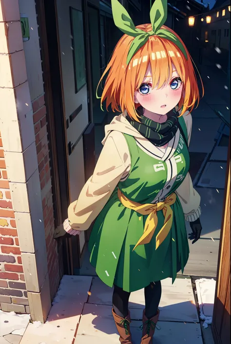 Yotsubanakano, Yotsuba Nakano, bangs, short hair, blue eyes, Hair between the eyes, hair ribbon, hair band, Orange Hair, (Green ribbon:1.5), smile, Hair between the eyes,blush, Open your mouth,White Breath,scarf,Green neck long coat,V-neck sweater,Long ski...