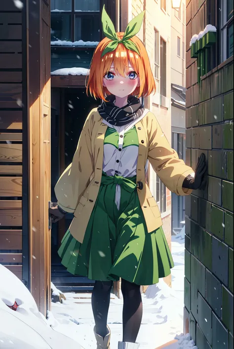 Yotsubanakano, Yotsuba Nakano, bangs, short hair, blue eyes, Hair between the eyes, hair ribbon, hair band, Orange Hair, (Green ribbon:1.5), smile, Hair between the eyes,blush, Open your mouth,White Breath,scarf,Green neck long coat,V-neck sweater,Long ski...