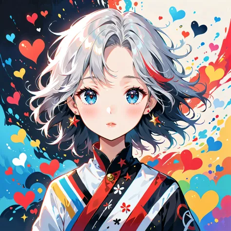 Black Star Red and White style, Simple Line Initialism,Abstract art,Urban Background, (((The most beautiful girl of all time))), Sweet face. Lips in love, colorful hearts, stylish design