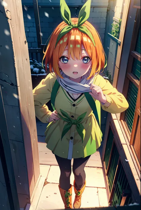 Yotsubanakano, Yotsuba Nakano, bangs, short hair, blue eyes, Hair between the eyes, hair ribbon, hair band, Orange Hair, (Green ribbon:1.5), smile, Hair between the eyes,blush, Open your mouth,White Breath,scarf,Green neck long coat,V-neck sweater,Long ski...