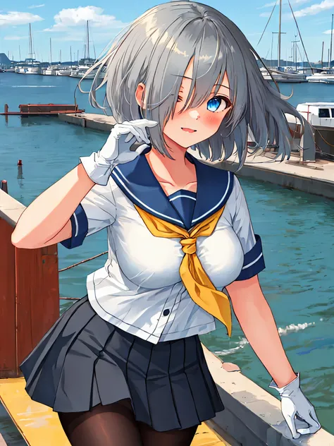 best quality, masterpiece, highres, solo, {hamakaze_kantaicollection:0.90}, 1girl, ,younger_teen,black_pantyhose, pleated_skirt, serafuku, short_sleeves, simple_background, white_background, yellow_neckerchief, white_gloves, looking_at_viewer, grey_skirt, ...