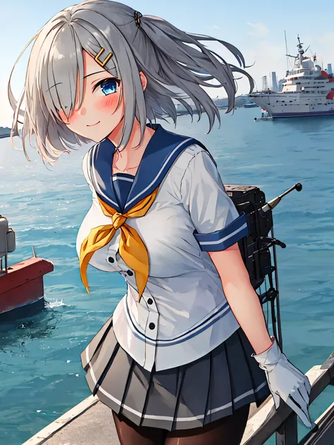 best quality, masterpiece, highres, solo, {hamakaze_kantaicollection:0.90}, 1girl, ,younger_teen,black_pantyhose, pleated_skirt, serafuku, short_sleeves, simple_background, white_background, yellow_neckerchief, white_gloves, looking_at_viewer, grey_skirt, ...