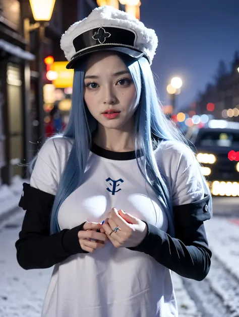 (artwork, best quality) a girl with long blue hair, blue eyes, blue eyelashes, tattoo, big breasts, white sweatshirt with hat, upset, on a street in Russia, snowing, at night