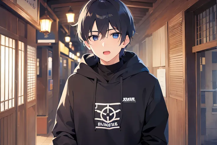 (25-year-old male:1.5) and (Black short hair) and (blue eyes)upper body,(looking at viewer:1.5),Shooting from below、 shiny skin, masterpiece、Highest quality、 black hoodie,confused、 Eyes wide open、The background is the interior of an izakaya at night.、open ...