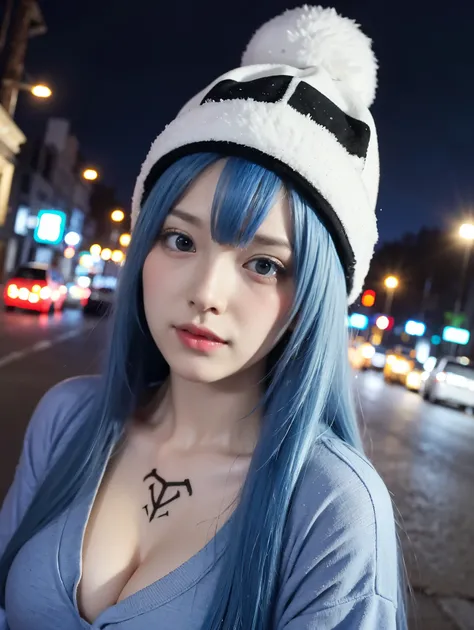 (artwork, best quality) a girl with long blue hair, blue eyes, blue eyelashes, tattoo, big breasts, white sweatshirt with hat, upset, on a street in Russia, snowing, at night