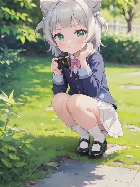 outdoor,((the way)),, 1girl,green eyes, grey hair, hair ornaments, bangs, virtual youtuber, blunt bangs, double bang, animal ear...