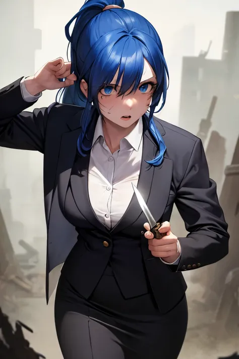 ((best quality)), ((masterpiece)), (detailed), 1 woman, whole body, blue hair, blue eyes, ponytail, suit top, Formal skirt, Post-apocalyptic background, facial wounds, carrying a knife