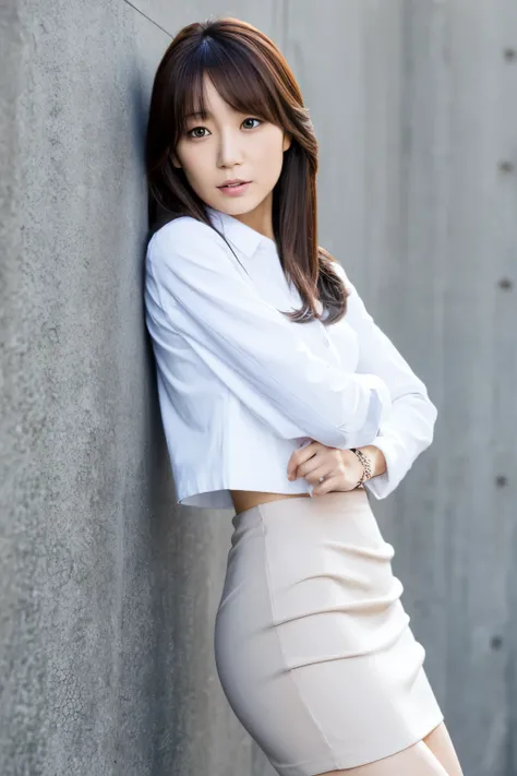 Skinny Japanese lady, 30 years old, 1girl, In front of a large wall, Realisitic, Beautiful Woman, Jacket, White shirt, tight skirt, high-heels, A detailed face, Detailed lips, A detailed eyes