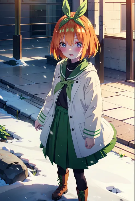 Yotsubanakano, Yotsuba Nakano, bangs, short hair, blue eyes, Hair between the eyes, hair ribbon, hair band, Orange Hair, (Green ribbon:1.5), smile, Hair between the eyes,blush, Open your mouth,White Breath,scarf,Green neck long coat,V-neck sweater,Long ski...