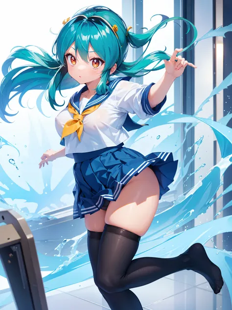 (1 Girl),(high quality), (High resolution), (Very detailed), (8K),(Demolition paperback correct)、Urusei Yatsura、Ram-chan、((White and navy blue sailor suit))、Navy blue pleated skirt、Cute Underwear、((Focus on the whole body))、Nipple Shape、((Black knee-high s...