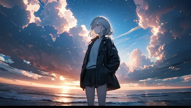 Starry Sky, After the Rain, horizon , In the sky,Lens flare, colorful,coat,Put your hands in your pockets,(student, 18-year-old, ＪＫ, Her short silver hair sways, Pale skin, Lack of eye sparkle) Looking up at the sky, Beautiful sky, There is an ocean,White ...