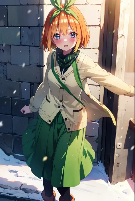 Yotsubanakano, Yotsuba Nakano, bangs, short hair, blue eyes, Hair between the eyes, hair ribbon, hair band, Orange Hair, (Green ribbon:1.5), smile, Hair between the eyes,blush, Open your mouth,White Breath,scarf,Green neck long coat,V-neck sweater,Long ski...