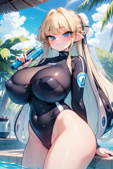 Hentai、High resolution、Fearless smile、A high school girl with huge breasts holds a water gun at a tropical resort、Rash guard、splatoon、Inkling、Perfect proportions、Cowboy Shot、Overwhelmingly huge, heavyweight breasts、Plump legs、Very big areola、Shaved pussy、C...