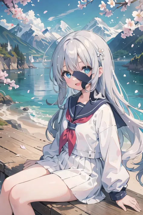 (masterpiece),  scenery,  mountainous horizon,  cherry blossoms,  petals,  light particles,  upper body,  1girl,  sailor,  wavy hair,  floating hair,  smile,  sitting,  open mouth,  light particles,  silver hair,  aqua eyes,  looking at viewer,  face focus