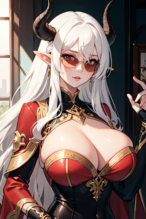 ((Best quality)), ((masterpiece)), (detailed), perfect face, fantasy character, sunglasses, tiefling, White hair, big breasts, red clothes, white eyes, horns