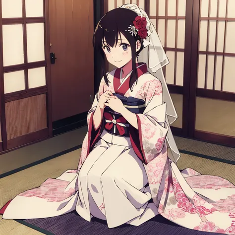 (best quality), (masterpiece) traditional kimono, wedding dress, kneeling, anime, modest