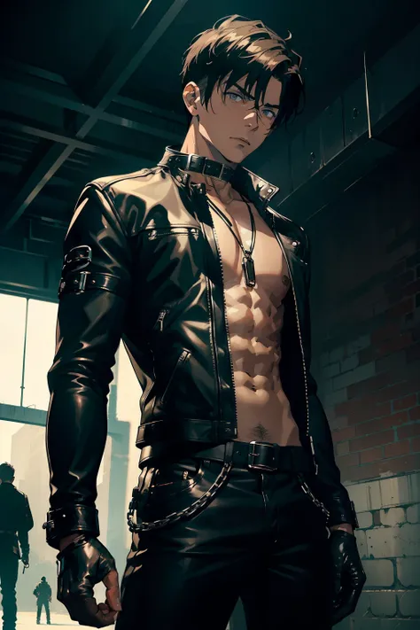 (Masterpiece), High Quality, 1boy, BDSM, leather, chained, deep focus, dramatic lighting, industrial setting, (1 man and 1 boy:1.5), Domination and Submission, (Submissive boy with leather collar and gloves), dark hair, brown eyes, muscular build, distress...