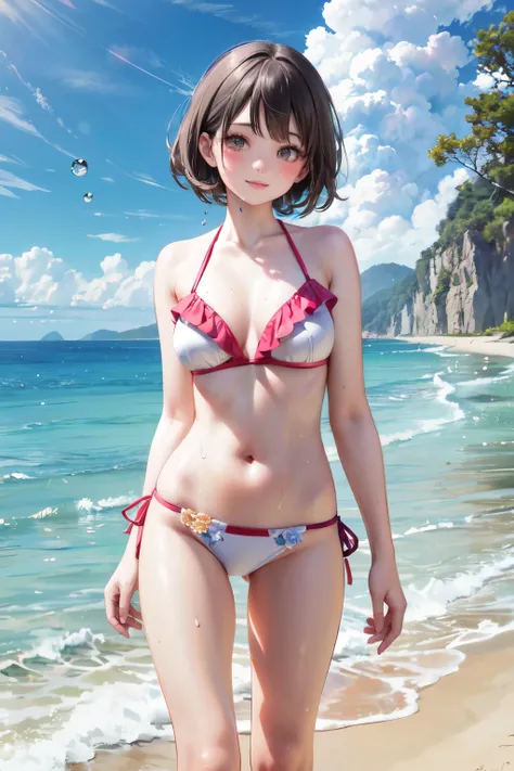 very cute and beautiful girl,(highly detailed beautiful face),(floral frilled orange and white bikini),sweat,wet,waterdrop,
standing,beautiful legs,beach,distant rugged cliffs,(smile),looking at viewer,black hair,
(best quality,masterpiece),absurdres,highr...