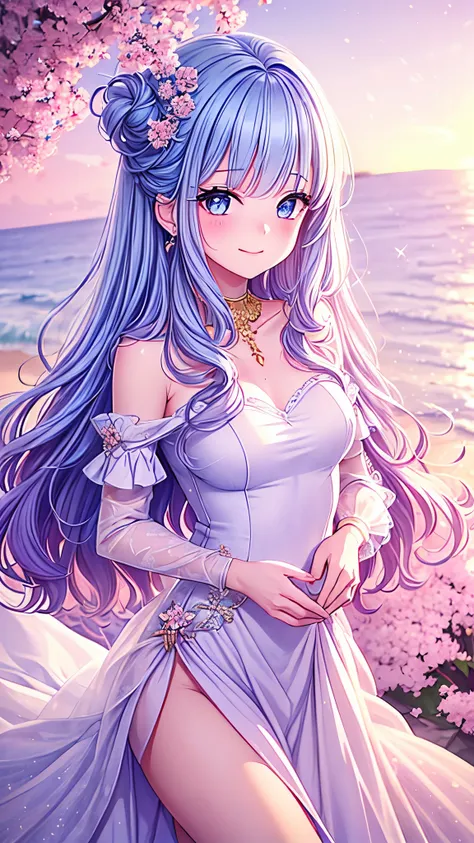 ((best quality)), ((masterpiece)), (detailed), une fille, visage parfait, Longhaire, ((golden hair)), curly hair, decorated cheveux, ultramarine blue eyes,(

a girl as beautiful as crystal, with long pink and curly hair, wearing a one-piece wedding dress, ...