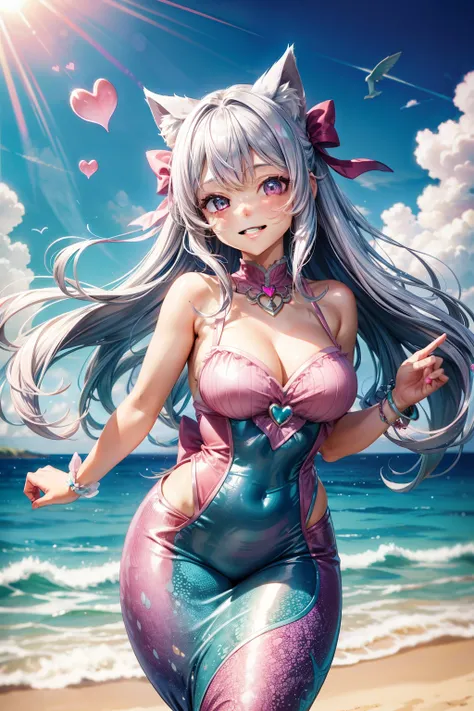 Silver hair, pink eyes, woman, sun and cloud background, teal and pink clothes, hair bows, happy face, mermaid outfit, sexy, cat ears, hearts, floating hearts, long thick hair, smiling face