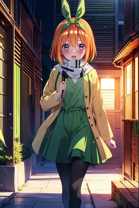 Yotsubanakano, Yotsuba Nakano, bangs, short hair, blue eyes, Hair between the eyes, hair ribbon, hair band, Orange Hair, (Green ribbon:1.5), smile, Hair between the eyes,blush, Open your mouth,White Breath,scarf,Green neck long coat,V-neck sweater,Long ski...