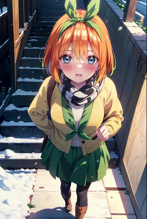 Yotsubanakano, Yotsuba Nakano, bangs, short hair, blue eyes, Hair between the eyes, hair ribbon, hair band, Orange Hair, (Green ribbon:1.5), smile, Hair between the eyes,blush, Open your mouth,White Breath,scarf,Green neck long coat,V-neck sweater,Long ski...