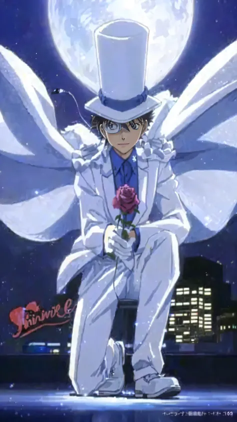 Highest quality、Highest quality、Realistically detailed drawings、With wings and a top hat、Anime characters holding roses, In a flowing white tailcoat, Shinji, shinichi sakamoto, Dynamic Leadership Style, safebooru anime images, White Fox Anime, leiji matsum...