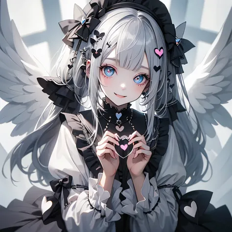 (masterpiece), Highest quality, Ultra-high resolution,White Lolita、Silver Hair、Black Hair、Big smile、Angel、Sick Makeup、beret、fine、(Making a heart with hands:1.3)、music