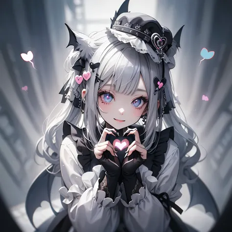 (masterpiece), Highest quality, Ultra-high resolution,White Lolita、Silver Hair、Black Hair、Big smile、Bat、Angel、Sick Makeup、beret、fine、(Making a heart with hands:1.3)、music