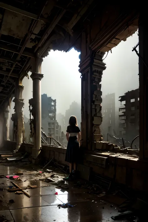 three girls explore ruins, ruin seekers, explore abandoned buildings, detailed interior with debris and broken windows, dark and gritty atmosphere, cinematic lighting, moody colors, beam of light, specks of dust, dramatic shadows, realistic textures, worn ...