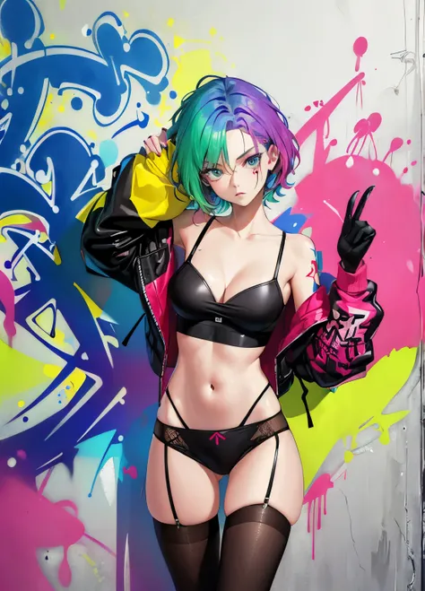 (graffit:1.5), young woman, age 25, shorth hair, spray paint on the body, Tinta spray na parede, parede de graffiti, multicolored hair, underpants, Stockings, Stockings в клетку, breastsout, 