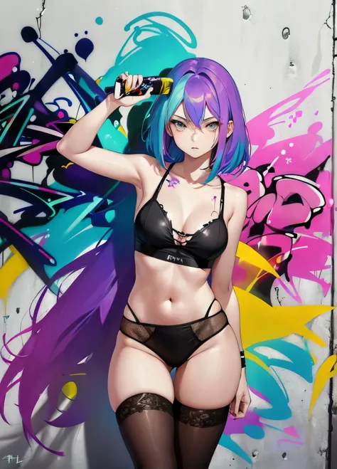 (graffit:1.5), young woman, age 25, shorth hair, spray paint on the body, Tinta spray na parede, parede de graffiti, multicolored hair, underpants, Stockings, Stockings в клетку, breastsout, 