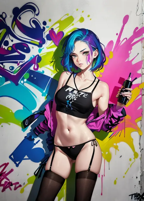 (graffit:1.5), young woman, age 25, shorth hair, spray paint on the body, Tinta spray na parede, parede de graffiti, multicolored hair, underpants, Stockings, Stockings в клетку, breastsout, 