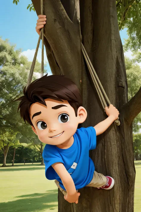 Create Cartoon picture A boy who is disturbing people by hanging on a tree