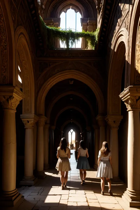 a detailed fantasy scene of three young girls exploring an ancient, mysterious house, detailed eyes and faces, highly realistic, photorealistic, 8k, hyper detailed, beautiful intricate architecture, crumbling ruins, sunlight filtering through windows, cobw...