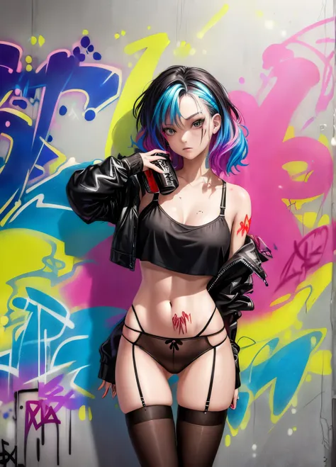 (graffit:1.5), young woman, age 25, shorth hair, spray paint on the body, Tinta spray na parede, parede de graffiti, multicolored hair, thong panties, Stockings, Stockings в клетку, breastsout, black leather cropped shirt