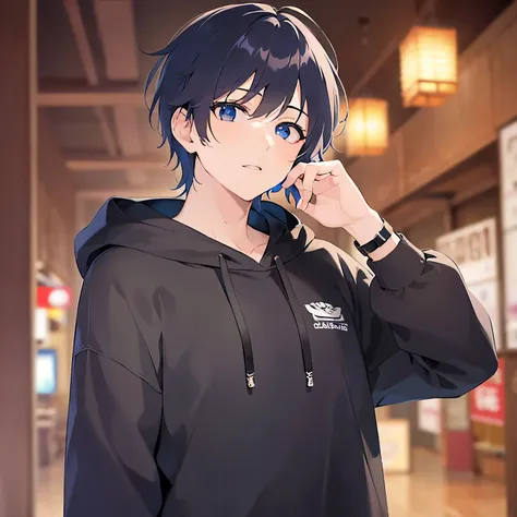 Surprised man、(25-year-old male:1.5) and (Black short hair) and (blue eyes)upper body,(looking at viewer:1.5), shiny skin, masterpiece、Highest quality、 black hoodie, Eyes wide open、The background is the interior of an izakaya at night.、Astonishment