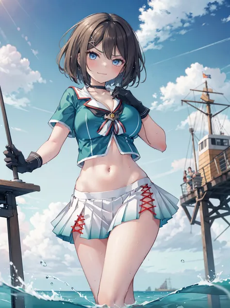 1young_teen_ girl, , brown_hair, medium_bob_hair, blue_midriff_baring_sailor_uniform, mini_skirt, short_sleeve, thighs, gigantic_breasts, angry, smile,nihil,standing, harbor_background, slightly_spread_Legs, happiness, short_gloves, wet,,covered_nipples, c...