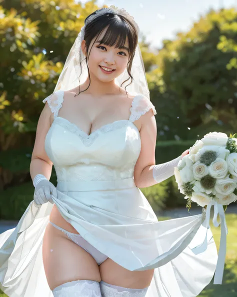 Cowboy Shot、(((smile)))、The wind is blowing、In front of the church、sunny、sunny、Confetti、Messy bowl cut hair with bangs、Black Hair、Huge breasts、Overweight, Extremely fat, ((Chubby)), (((bride)))、((White Wedding Dress))、((Wedding Style))、(((Congratulations o...