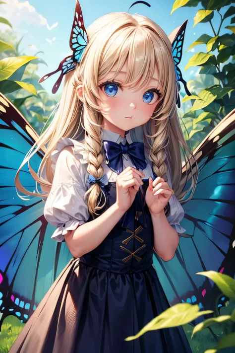 Little girl with long blond hair, blue eyes, butterfly wings