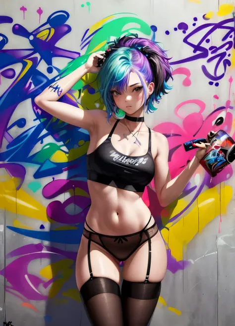 (graffit:1.5), young woman, age 25, shorth hair, spray paint on the body, Tinta spray na parede, parede de graffiti, multicolored hair, high waist thong panties, Stockings, Stockings в клетку, breastsout, black leather cropped shirt