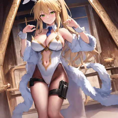 masterpiece, best quality, absurdres, soft lighting, looking at viewer, solo, light_smile, shy,
1girl, ahoge, rabbit ears, playboy bunny, artoria pendragon (swimsuit ruler) (fate), large breasts , blonde hair, green eyes, french braid,  pony tail
bare shou...