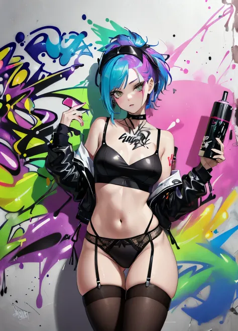 (graffit:1.5), young woman, age 25, shorth hair, spray paint on the body, Tinta spray na parede, parede de graffiti, multicolored hair, high waist thong panties, Stockings, Stockings в клетку, breastsout, black leather cropped shirt