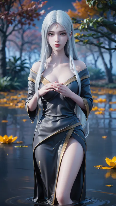 A beautiful young girl bathing in serene water, her long white hair flowing gracefully, holding her hands to her chest to cover herself, a glowing golden lotus floating on the water beside her, (best quality,4k,8k,highres,masterpiece:1.2),ultra-detailed,(r...